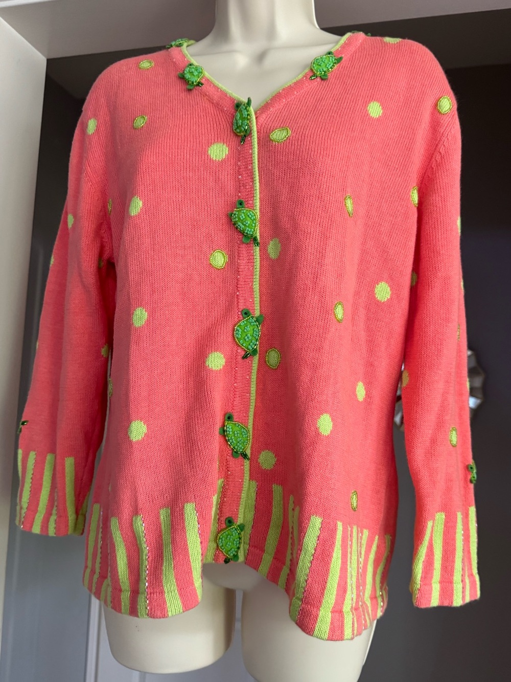 Berek Beaded Turtle Cardigan L Pink Green Novelty Ramie Cotton Vintage Whimsical